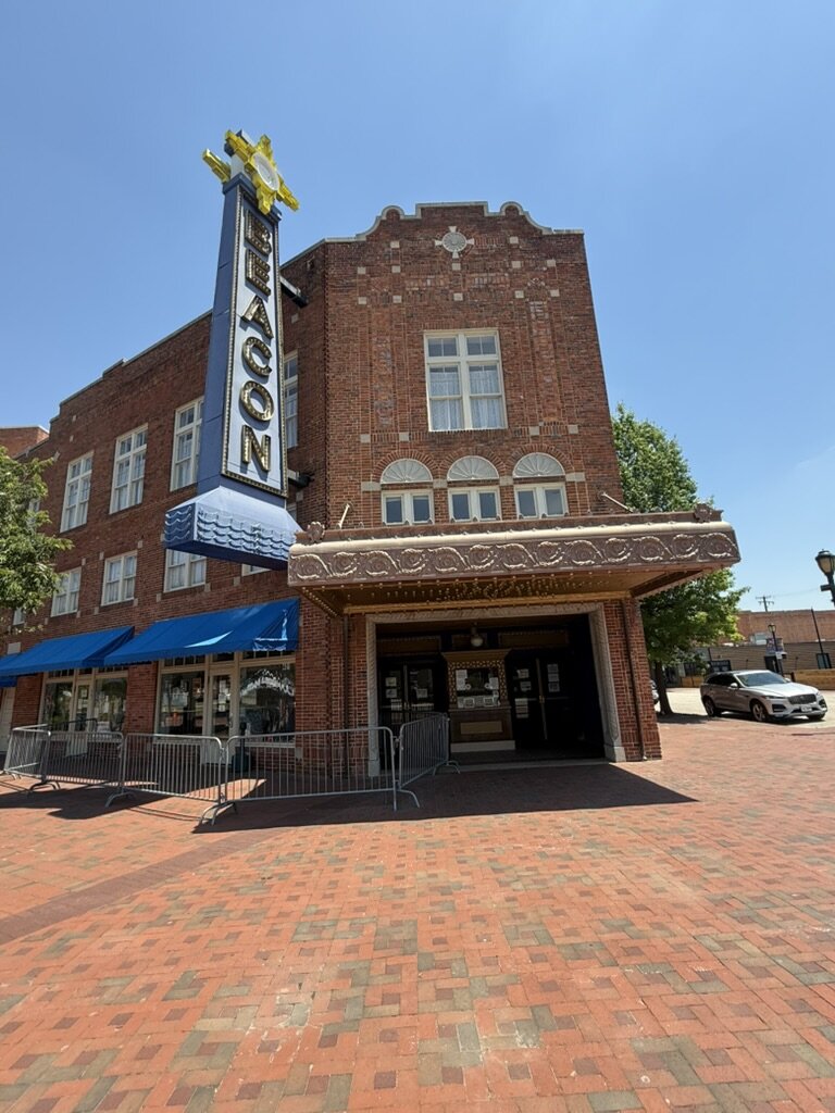 The restored Beacon Theatre in downtown Hopewell, Virginia, with its vertical marquee and historic brick façade