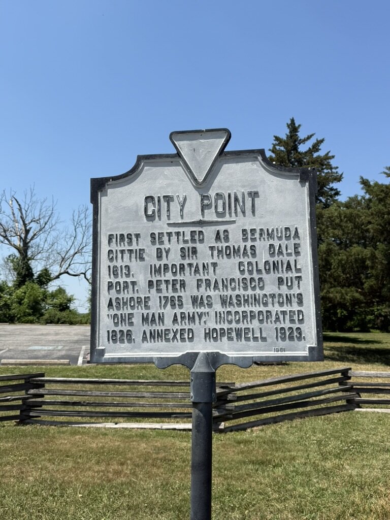 Virginia state historical marker for City Point: first settled as Bermuda Cittie by Sir Thomas Dale in 1613, annexed to Hopewell in 1923